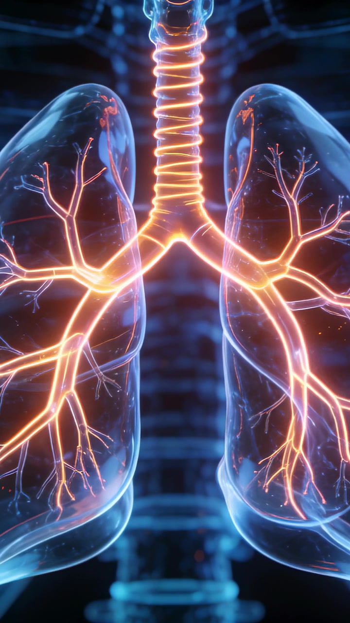 Video verticale: Inquadratura iniziale di polmoni pulsanti che si illuminano lungo la trachea nei bronchi, mostrando il flusso d'aria.