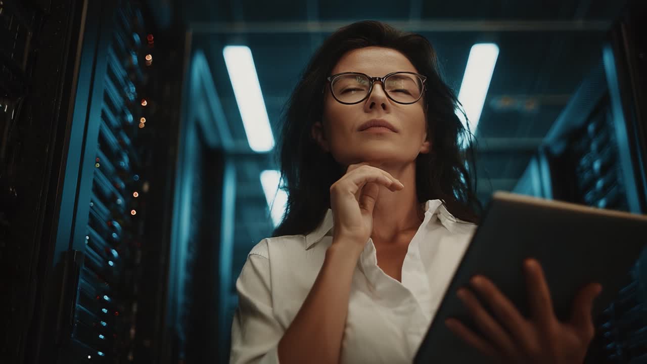 A Thoughtful Professional Analyzes Data in a High-Tech Server Room, Pondering Solutions with a Tablet in Hand, Surrounded by Digital Infrastructure