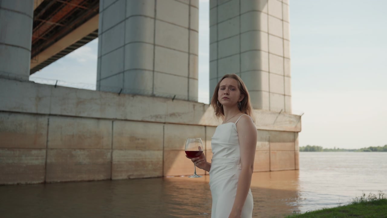 Donna in abito bianco sta vicino all'acqua tenendo un bicchiere di vino rosso. Lo sfondo presenta grandi strutture in cemento e un cavalcavia sotto una luce naturale soffusa. La scena è serena con il soggetto che osserva