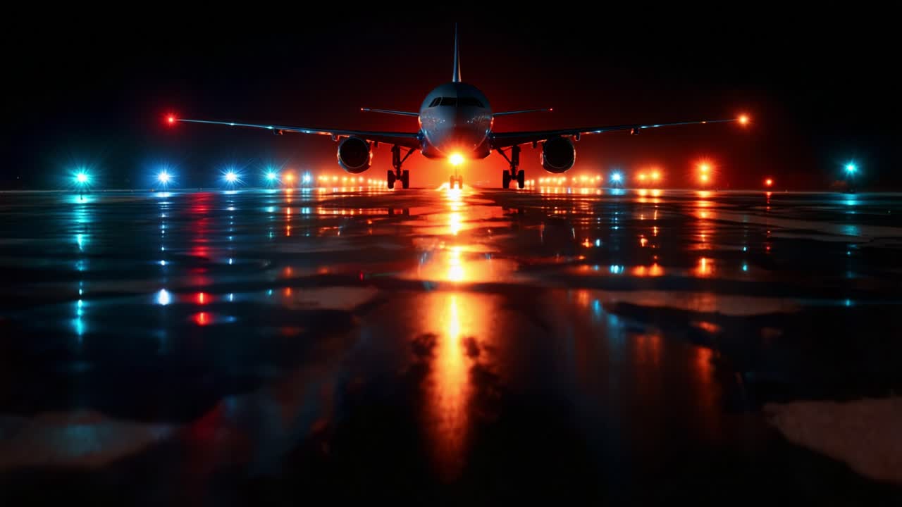 Majestic Night Landing: A Stunning View of a Plane Approaching Runway Illuminated by Colorful Lights and Reflections, Capturing the Essence of Air Travel in a Vibrant Atmosphere