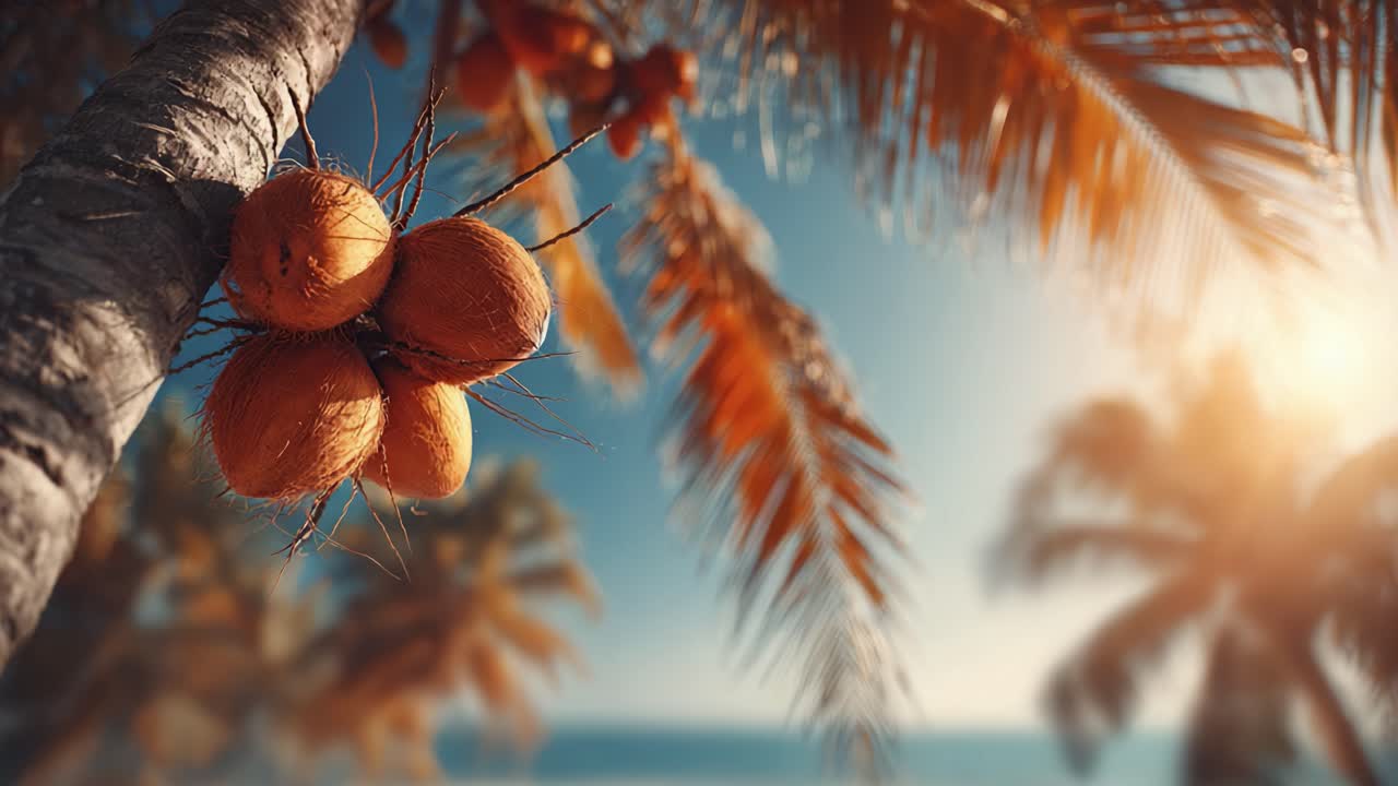 Coconuts Hanging from Palm Tree Branches, Bathed in Warm Sunshine Against a Beautiful Tropical Background with Blurred Palm Leaves