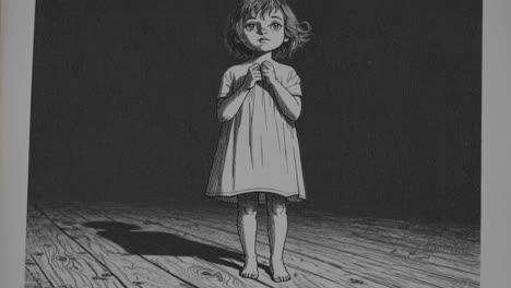 sad child standing on a wooden floor with hands clasped in prayer, gazing upwards in a dimly lit room, evoking a powerful sense of drama and poignant emotion