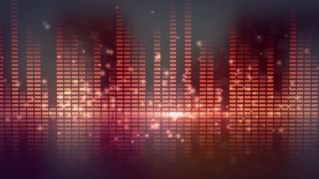 Animation of lines and lights over sound equalizer on red background