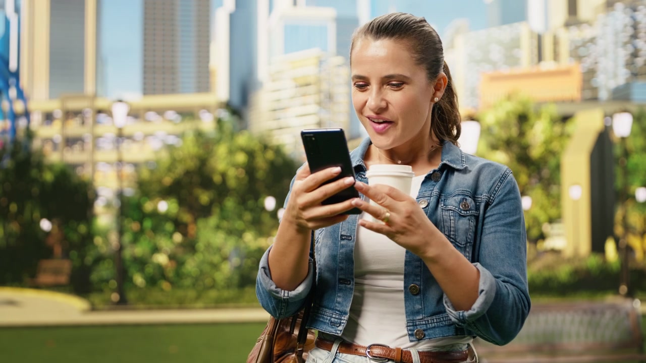 Donna soddisfatta che trova buone notizie mentre controlla un'app sullo smartphone.