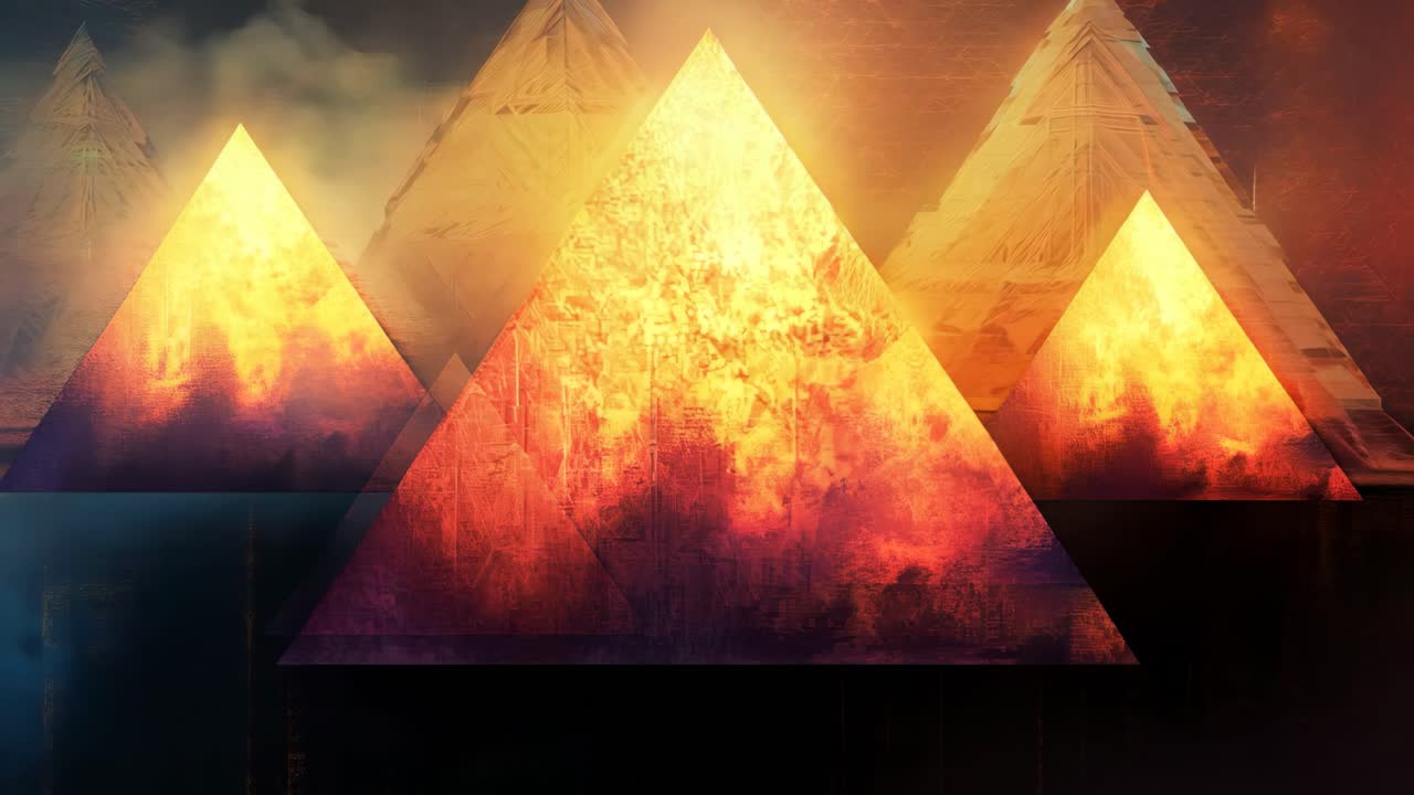 A painting of three triangles in a red and yellow color scheme. The triangles are arranged in a way that they appear to be leaning on each other. The painting has a sense of depth and movement