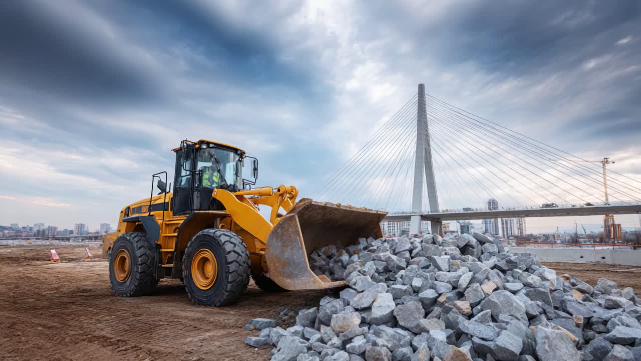 Heavy machinery operating at a construction site, moving a large pile of rocks under a cloudy sky with a bridge in the background, demonstrating engineering and progress