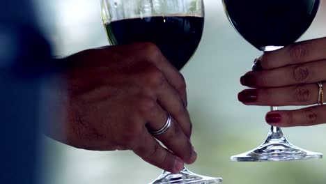 pareja casada brindando copa de vino tinto en cámara lenta