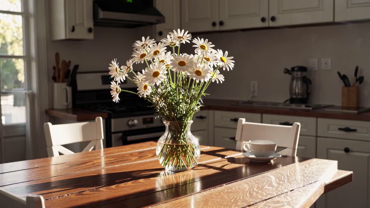 Cena aconchegante e acolhedora de uma cozinha com margaridas em um vaso sobre uma mesa de madeira