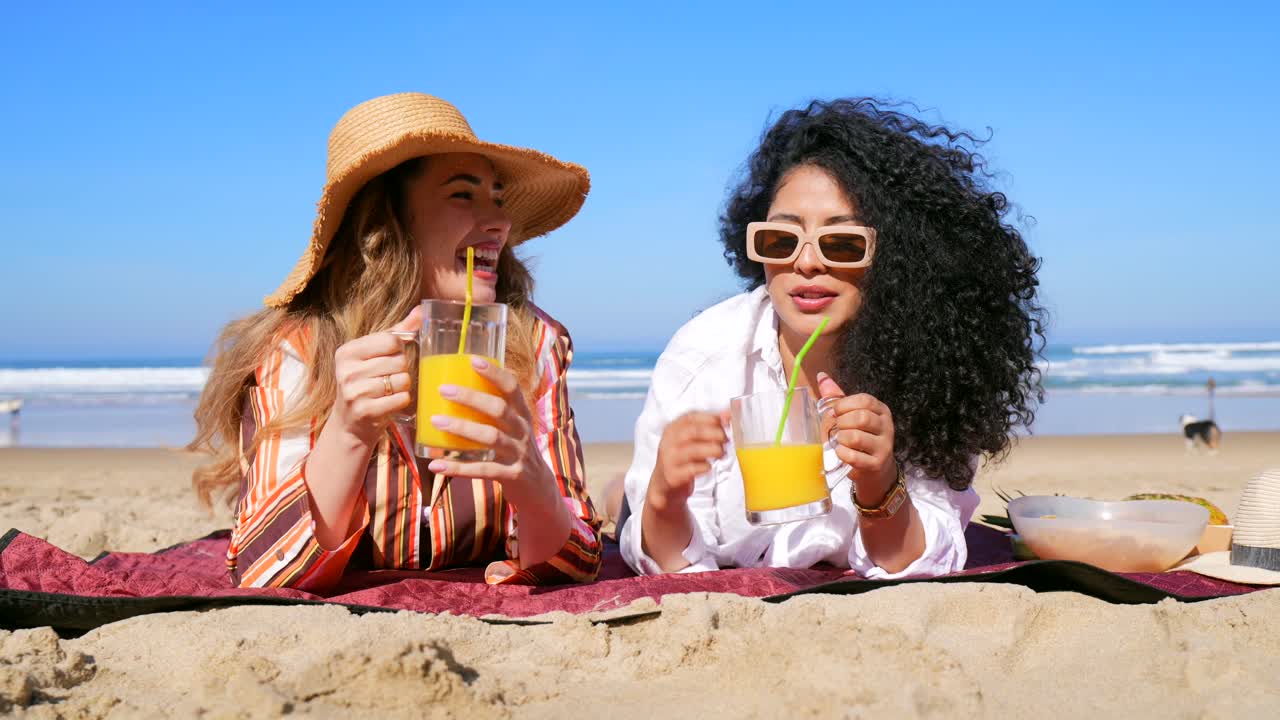 Mujeres felices brindando con jugo mientras se relajan en una playa de arena
