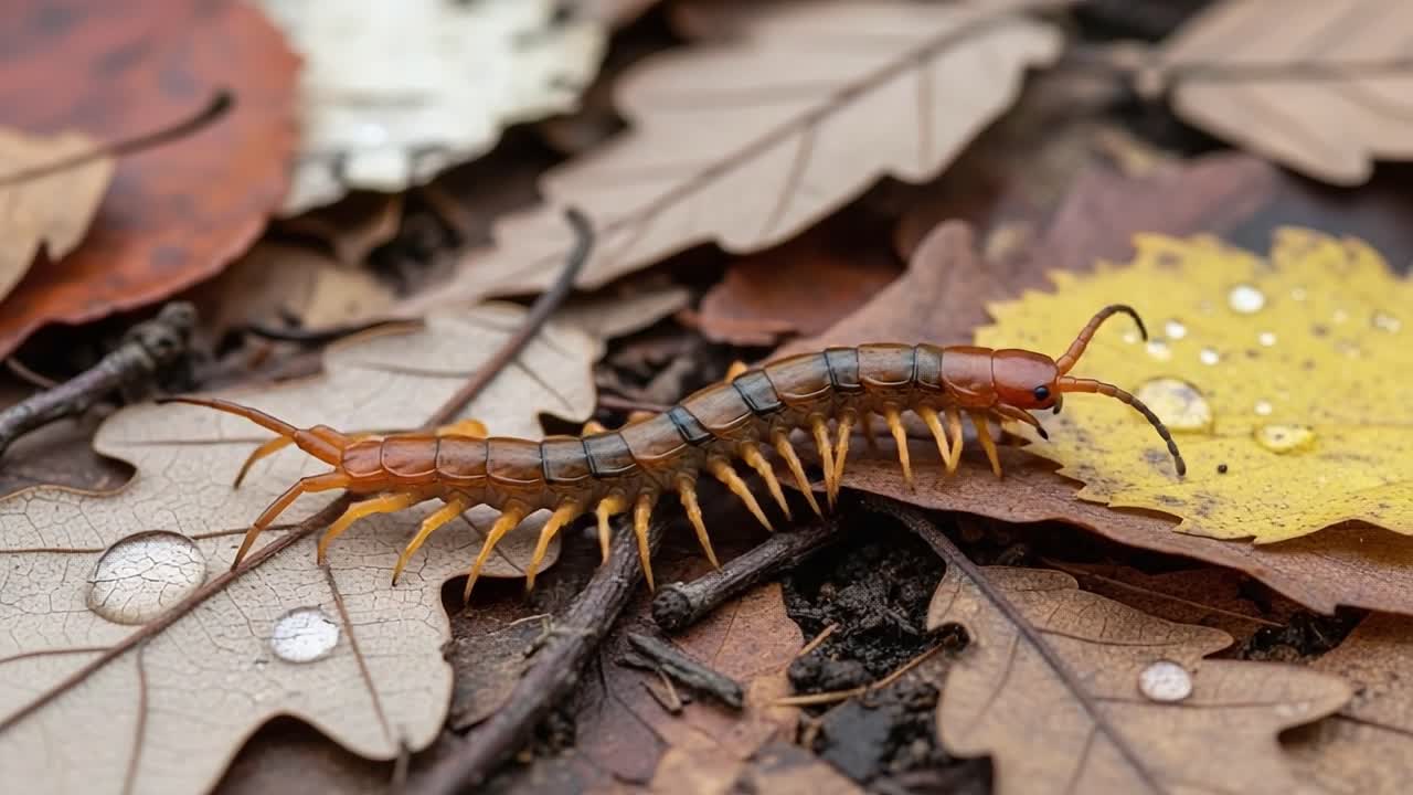 A Centipede Navigates Through Colorful Autumn Leaves, Highlighting Its Moves and the Rich Textures of a Forest Floor in a Natural Setting