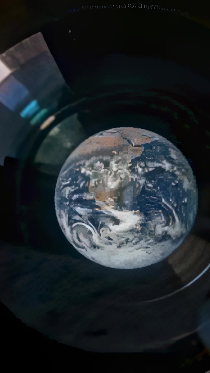 Vertical video: Showing globe growing and rotating across frames in camera lens in studio window