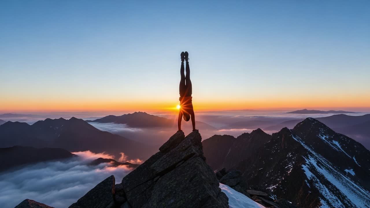 A breathtaking sunrise view as a mountain climber performs a handstand on a rocky peak, showcasing a spirit of adventure against stunning natural landscapes