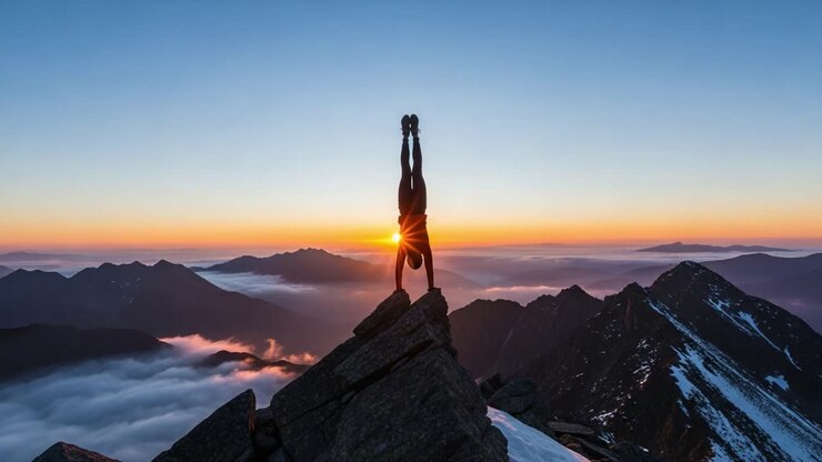 Una vista mozzafiato dell'alba mentre un alpinista esegue una verticale su una vetta rocciosa, mostrando uno spirito di avventura sullo sfondo di paesaggi naturali mozzafiato