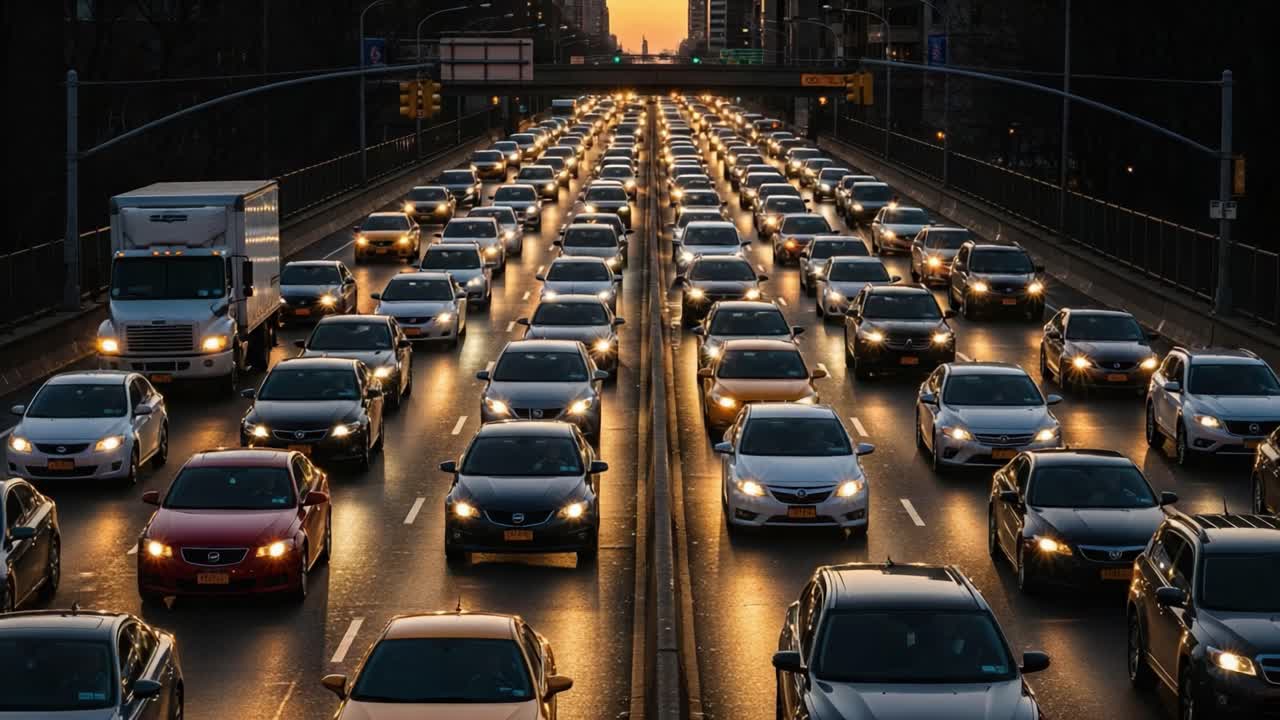 Busy Rush Hour Traffic on an Urban Highway at Dusk