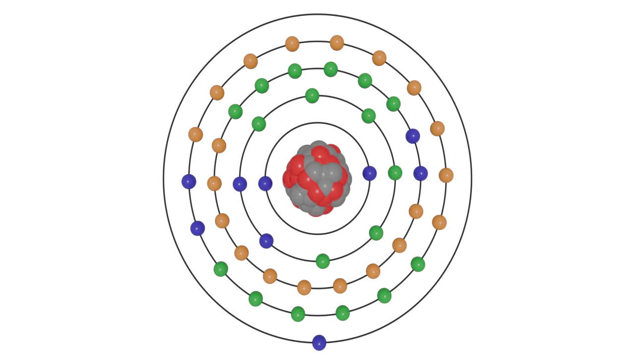 Animação 3D de um átomo de Cobre (Cu) no modelo de Bohr com órbitas de elétrons, núcleo, prótons, nêutrons e níveis de energia em um loop contínuo. Ideal para educação STEM e visualização científica.