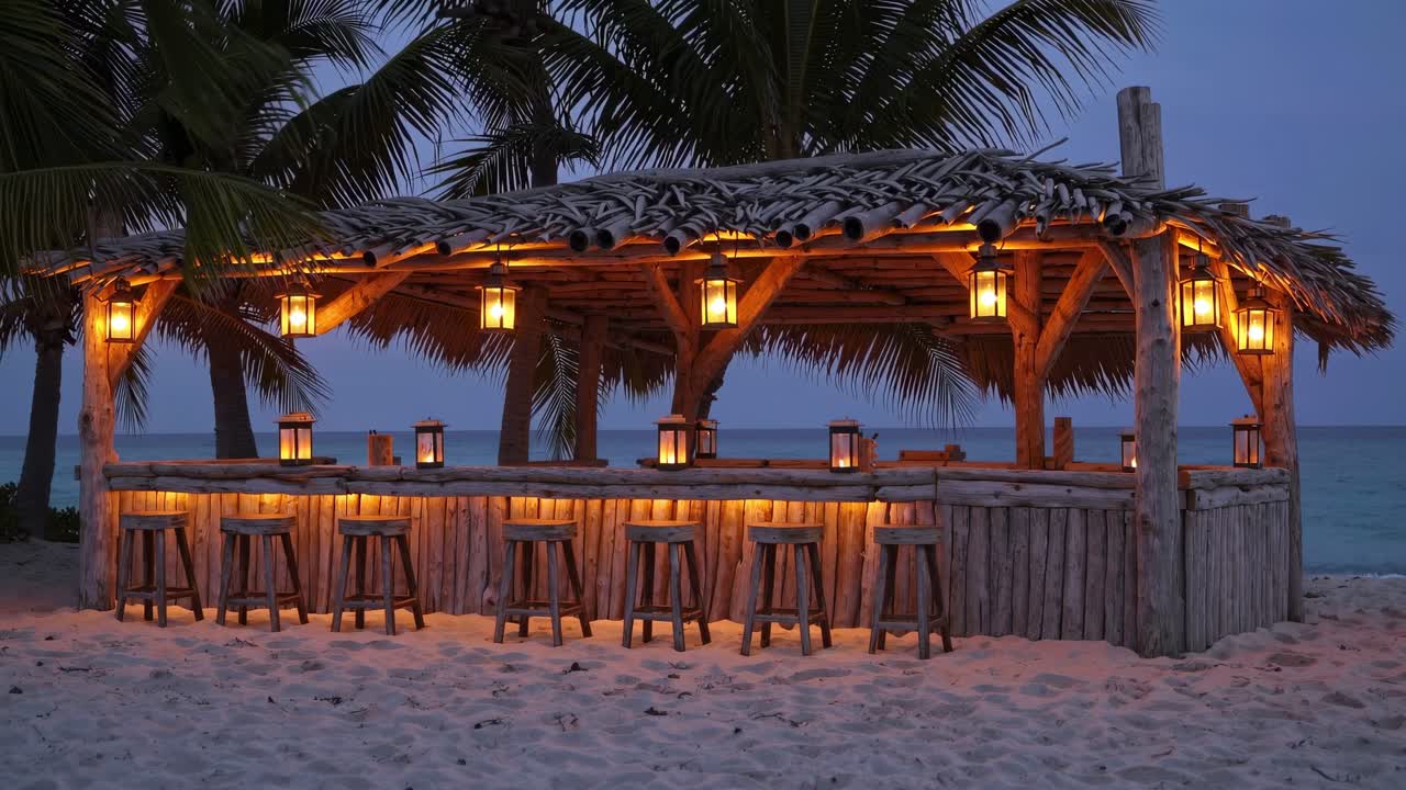 Wooden beach bar with hanging lanterns illuminating the counter and stools on a sandy beach at dusk, creating a serene and inviting atmosphere