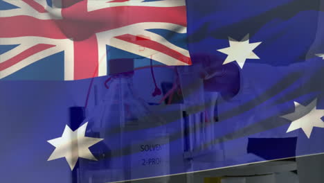 australian flag overlaying animation of laboratory with solvent bottle and equipment