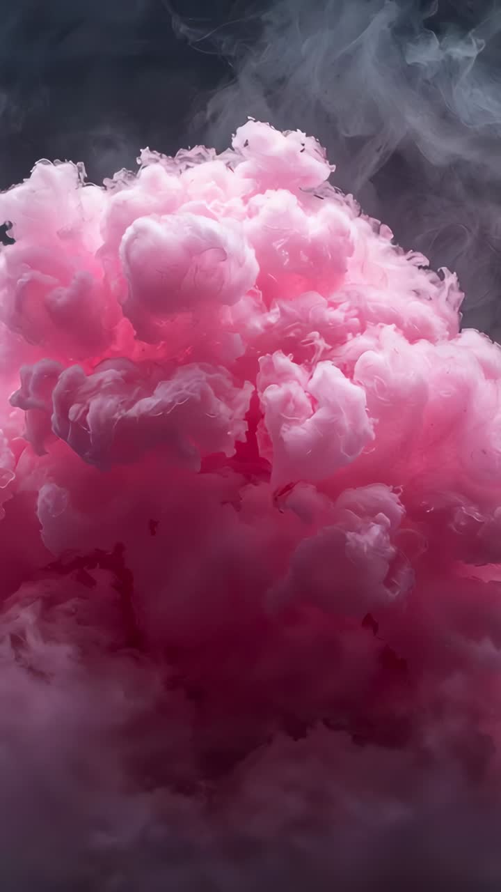 Vertical video: Expanding bright pink plume after pigment injection in studio tank, with grey smoke