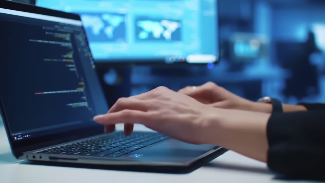 A Focused Software Developer Engaged in Coding on a Laptop with Multiple Monitors Displaying Data Visualizations and Global Maps in a Modern Workspace