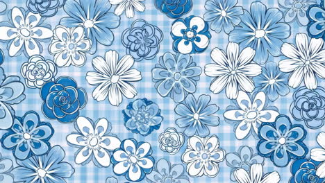 blue and white floral pattern on checkered background