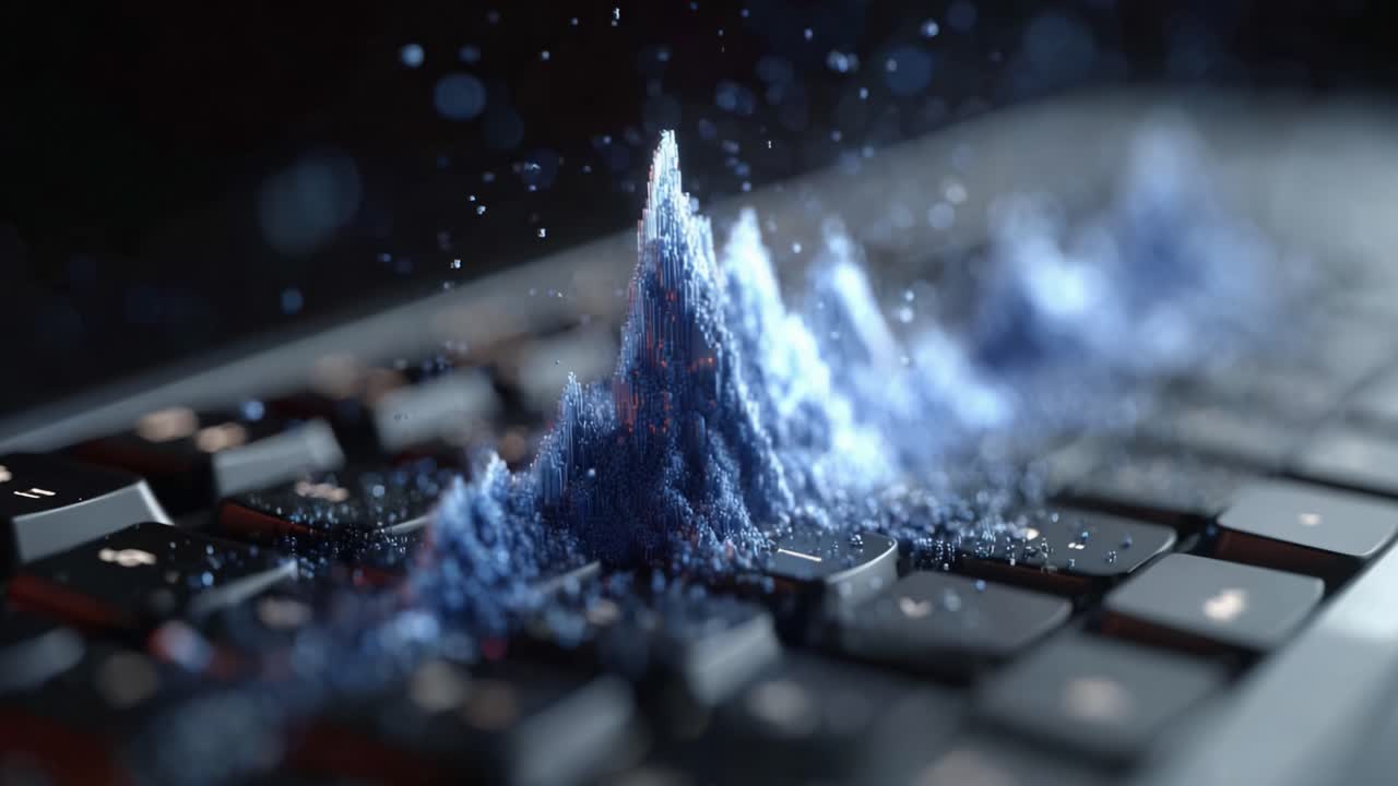 Dynamic Visual Contrast: A Stunning Transformation from Blue to Red Mountains Emerging from a Keyboard, Capturing the Essence of Sound Waves and Digital Artistry