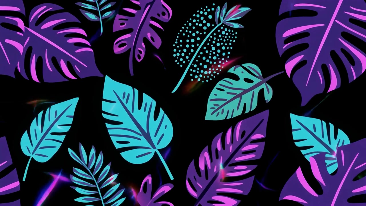 Animated Tropical Leaves Pattern with Neon Glow Effects