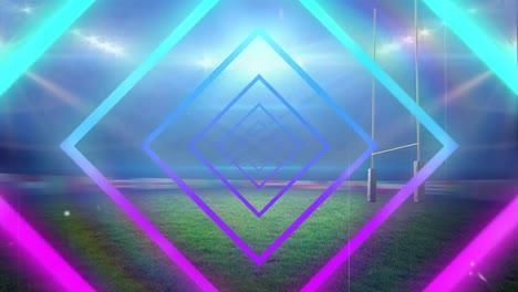 3d animation of abstract blue, purple square patterned neon beams zooming over illuminated stadium