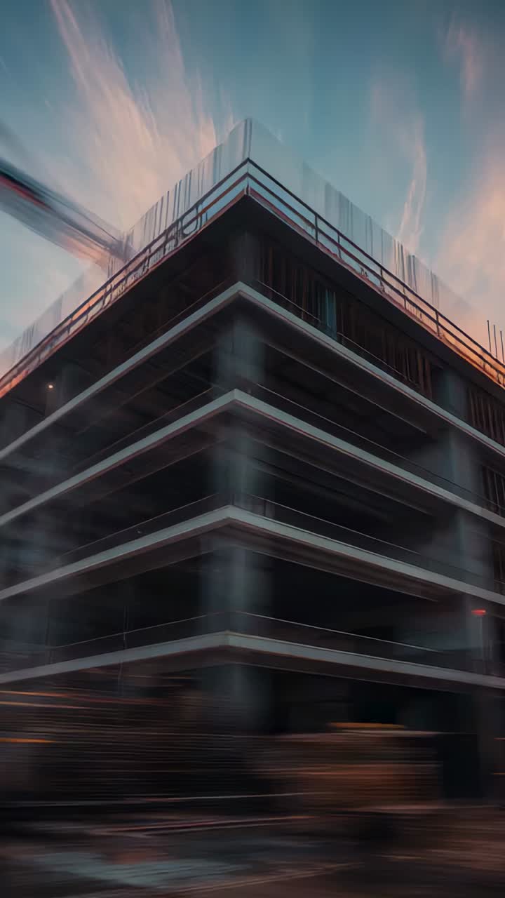 Vertical video: Tilting camera documenting concrete shell at site, showing crane arm and rebar