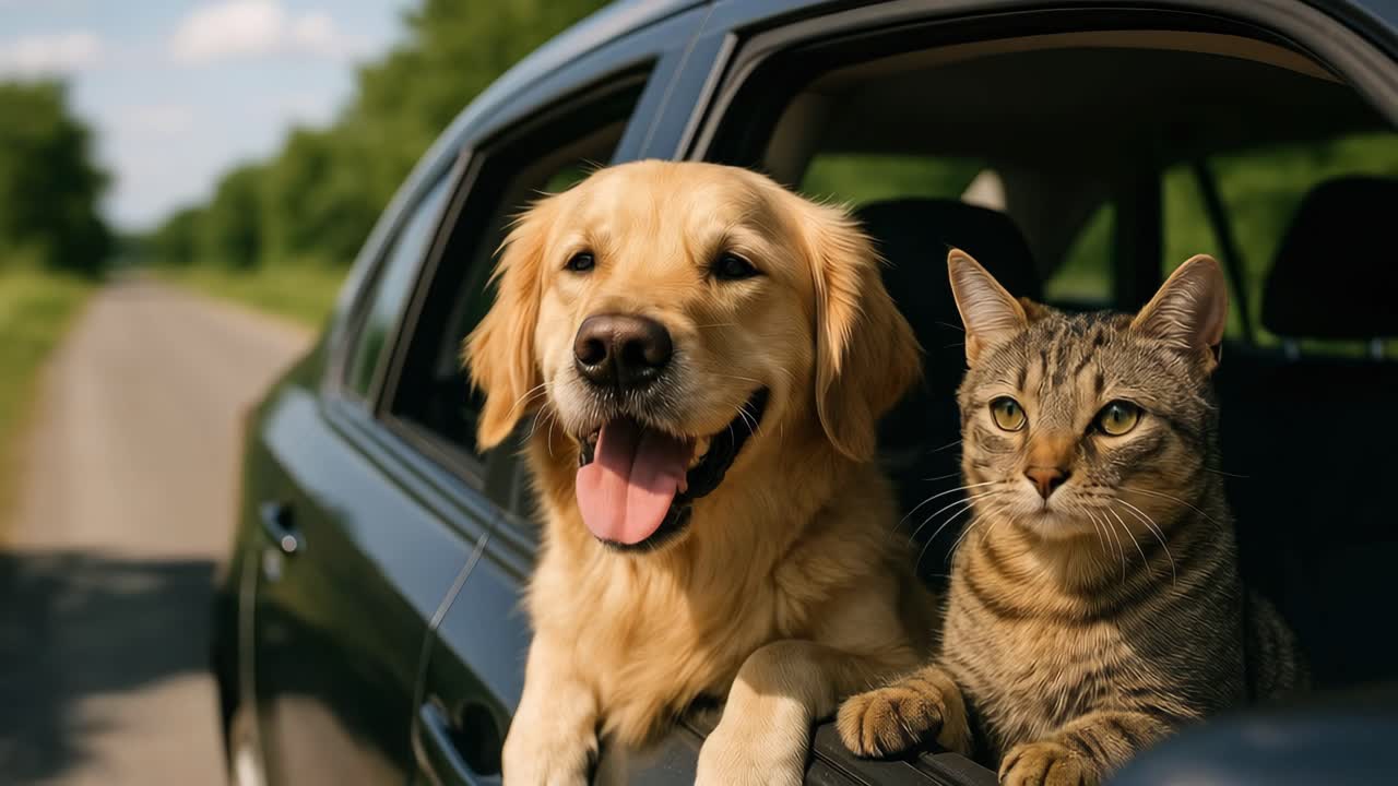 A playful video scene of a dog and cat enjoying a car ride