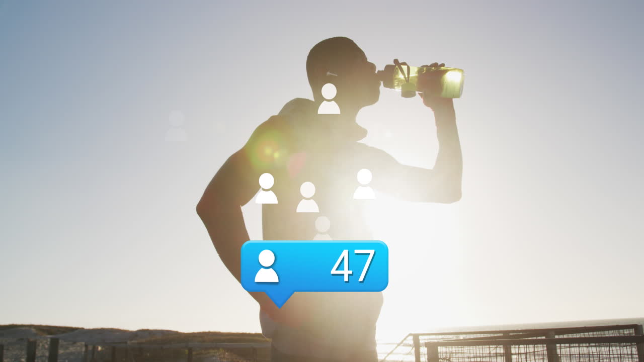 Digital animation shows growth in social media engagement of a hydrating athlete.