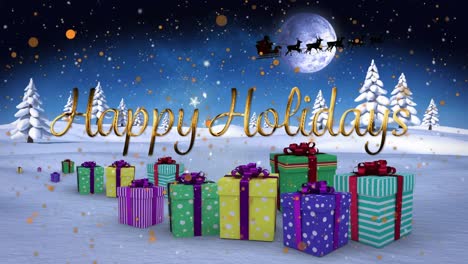 Happy-holidays-text-and-yellow-spots-floating-against-christmas-gifts-on-winter-landscape