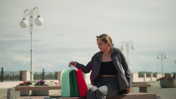 White chic drops her shopping bags on a bench, sits down in the sun, and looks into the distance with a relaxed expression, she crosses her legs and places her right hand on her leg