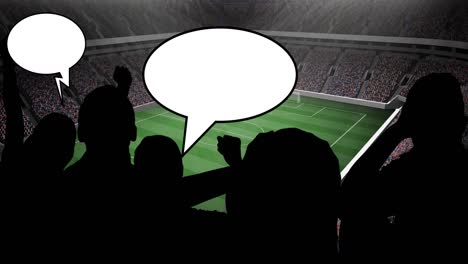 animación de la silueta de los aficionados al deporte con burbujas de habla en el fondo del estadio deportivo