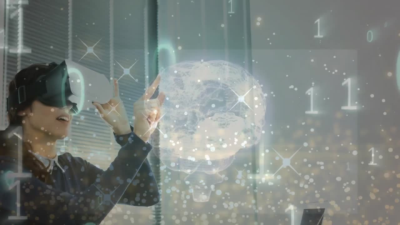 vr 헤드을 착용한 사업가에 대한 연결 네트워크의 지구상의 애니메이션.