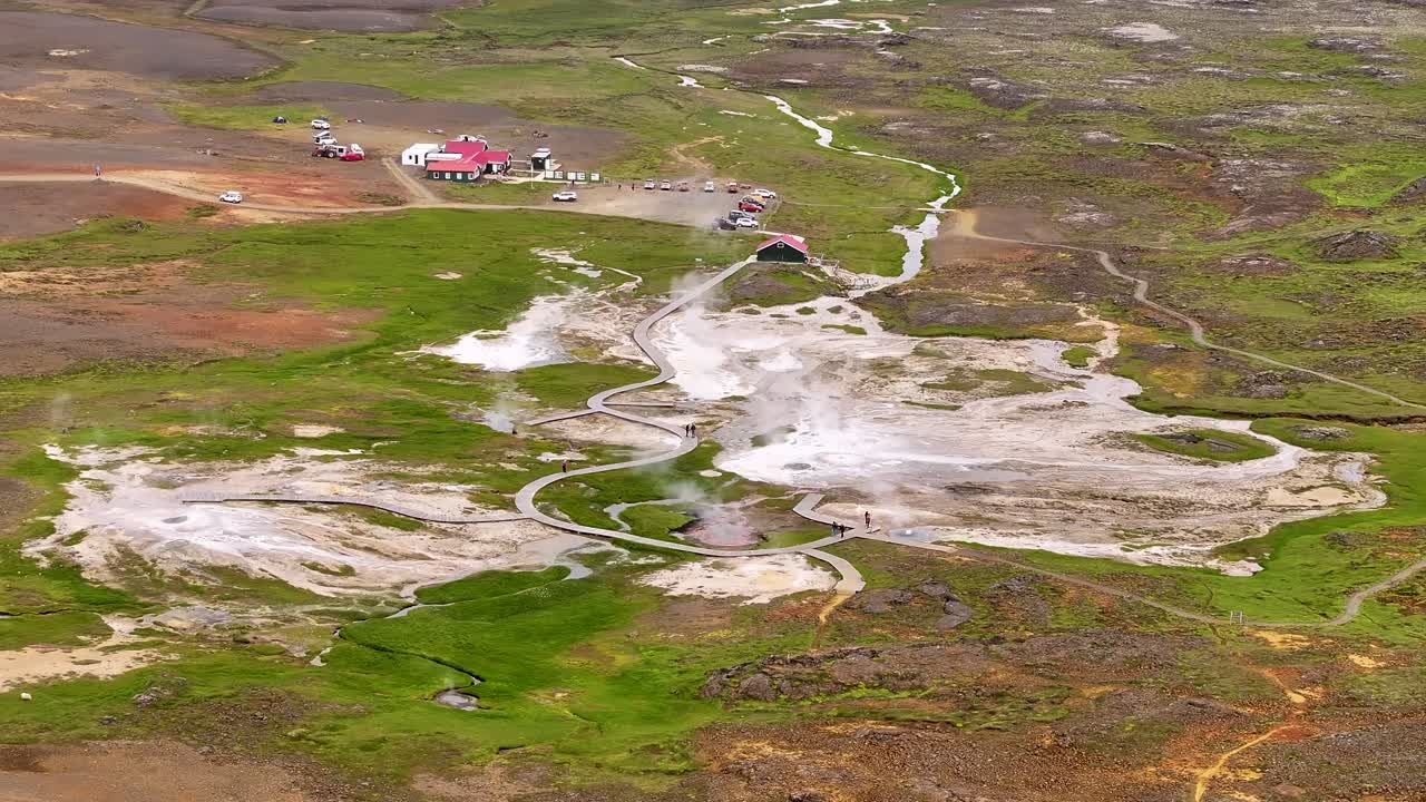 Static drone view of an active geothermal hot spring area in the highlands of Iceland