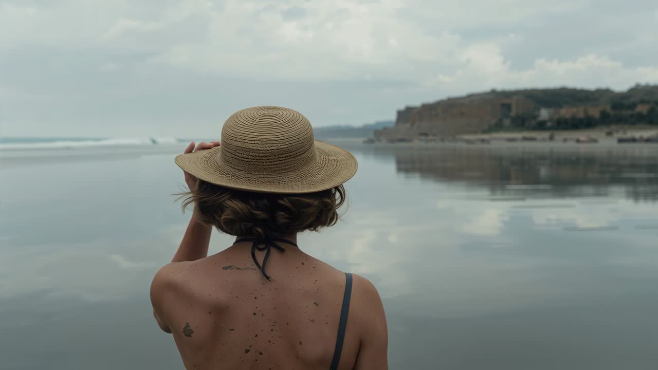 Woman standing on mirror shore feeling breeze, adjusting straw hat, gazing toward cliffs for travel