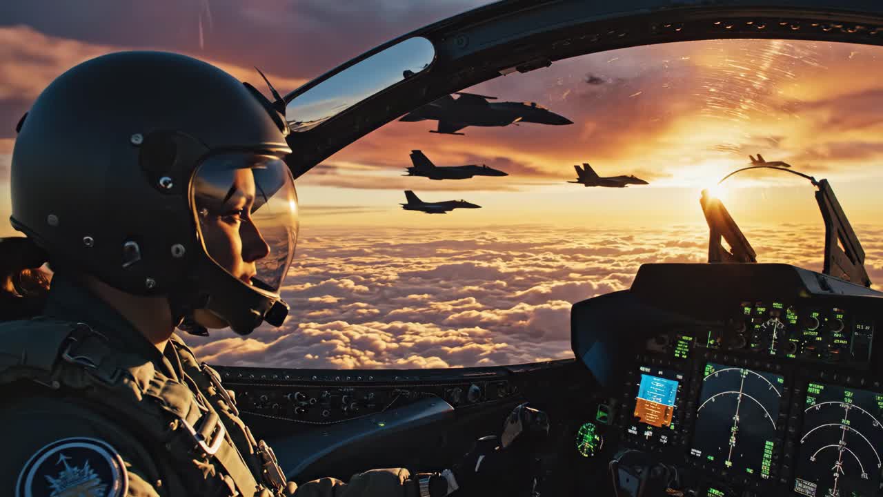 Fighter Jet Pilot Flying at Sunset