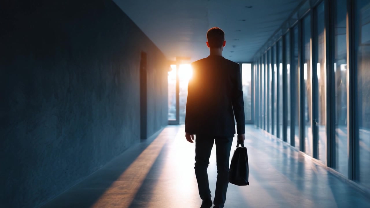 A Professional Figure Walking Towards Sunset in a Modern Corridor, Symbolizing Ambition and Progress in a Corporate World, Leaving the Day Behind