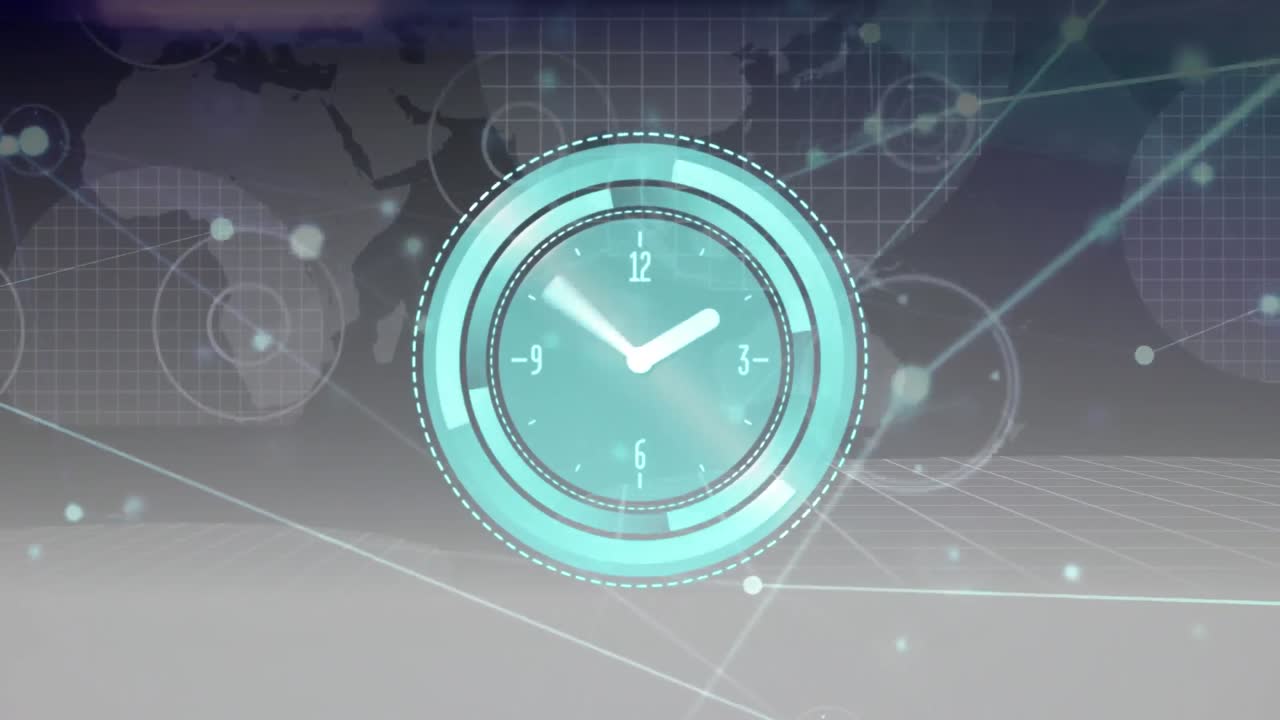 연결된 점과 회색 배경에 대한 지도 위에 디지털 시계의 애니메이션