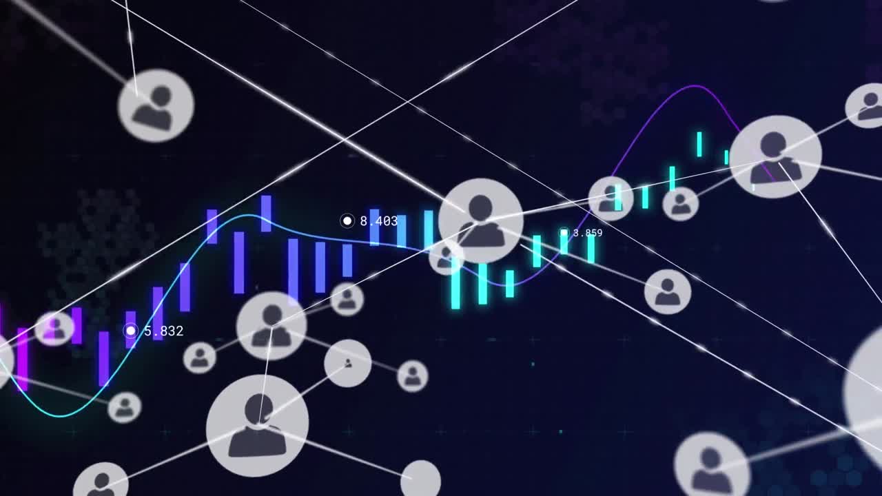Animation of line with financial data processing over network of connections with people icons