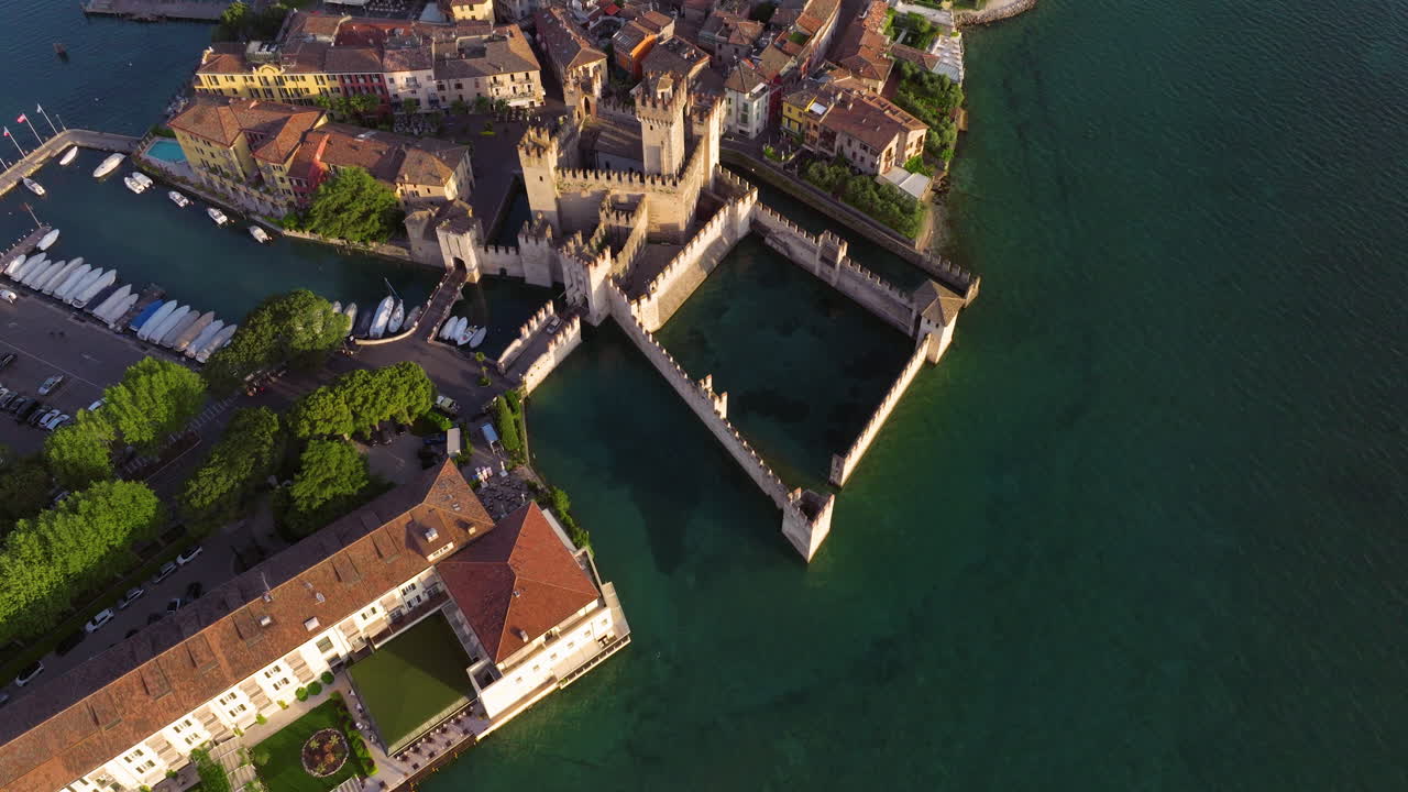 Aerial View Of Scaliger Castle - 13th-Century Fortress On Lake Garda At Sunrise In Sirmione, Italy.