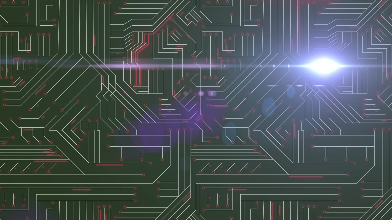 Digital animation of start text over neon hexagons microprocessor connections