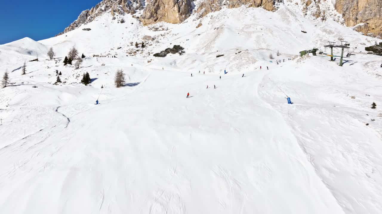 Aerial drone view of the Gardena Pass high mountain pass in the Dolomites, Italy