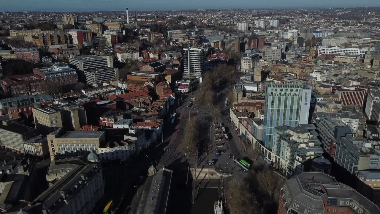 Drone shot of Bristol City Centre and Docks, UK