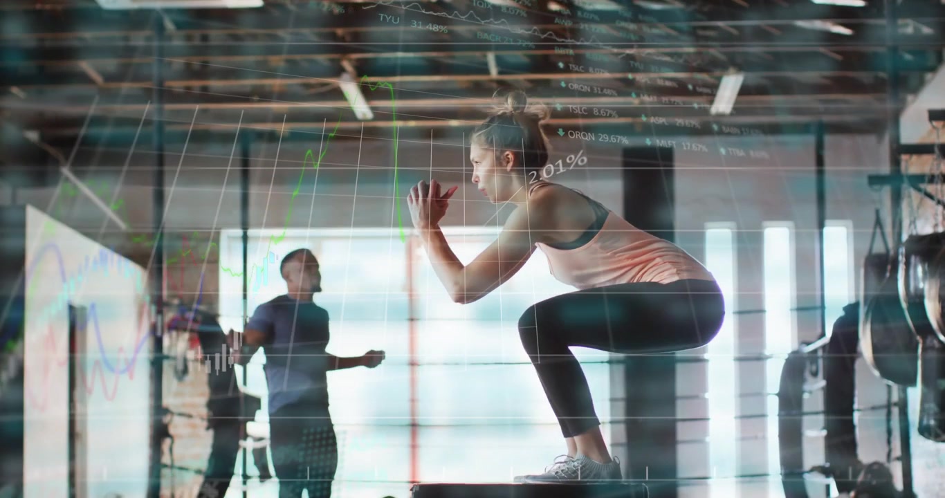 Donna che esegue box jumps in palestra con sovrapposizione di dati finanziari