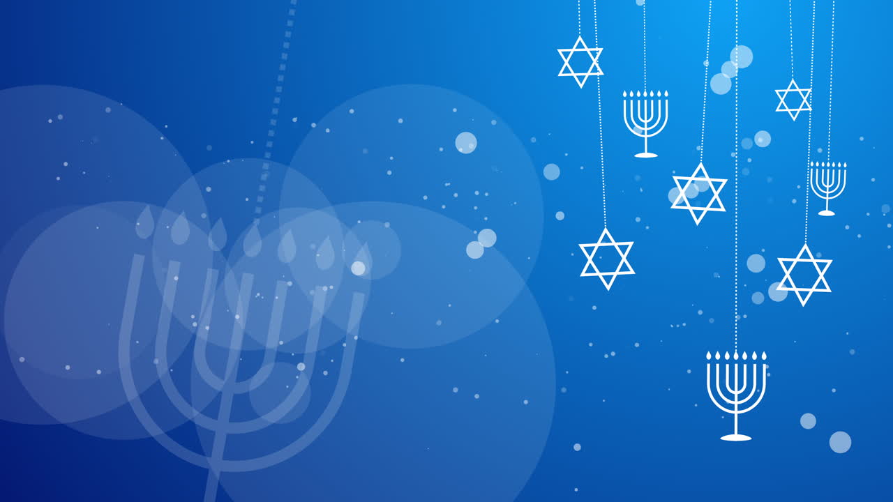 White animated graphic icons symbols of Judaism on blue abstract background. Star of david and menorah jewish symbols. Looped motion graphics.