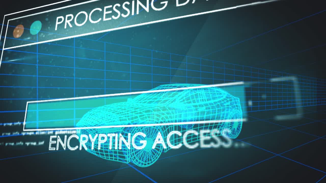 Animation of multiple text and loading bars over computer language against 3d model of car