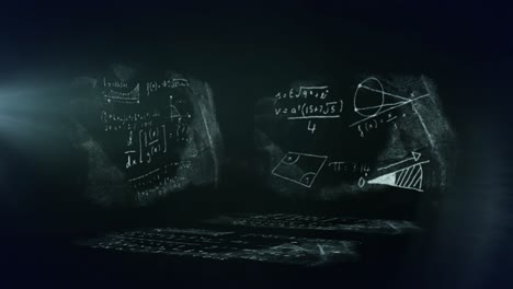 animation of network of connections and light spot over chalkboards with mathematical equations