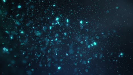 abstract merry christmas and happy new year background falling glowing blue light snowflakes. 4k 3d rendering seamless loop. winter festive snowflake animation on black for celebration and greeting.