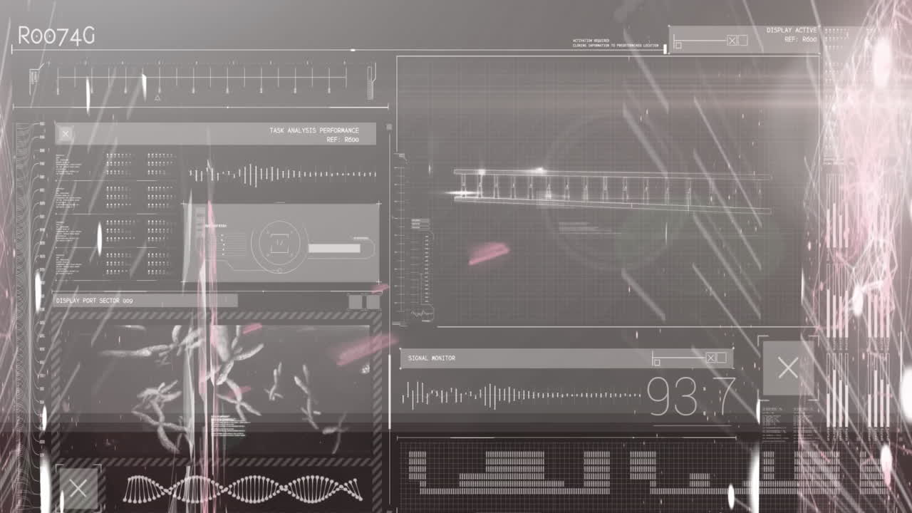 회색 배경에 빛의 반점에 대한 의료 데이터 처리 인터페이스의 애니메이션